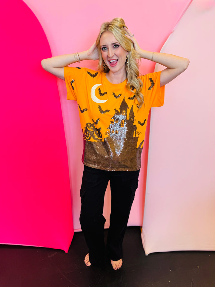 Queen Of Sparkles Orange & Black Halloween House Tee