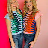 Blue Colorblock Ladder Knit Top