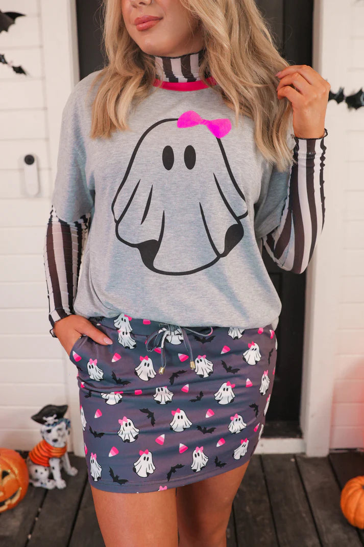 Gigi the ghost top with sequin ghost with hot pink bow and ribbed neckline