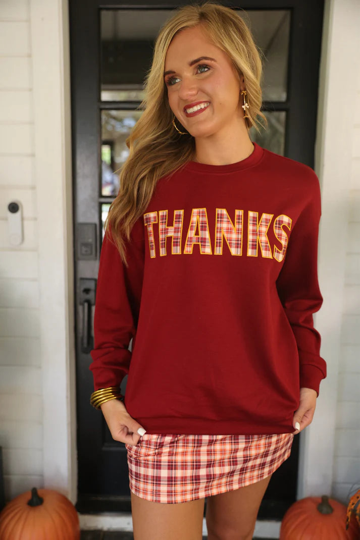 Burgundy Plaid Patch Fall Pullover
