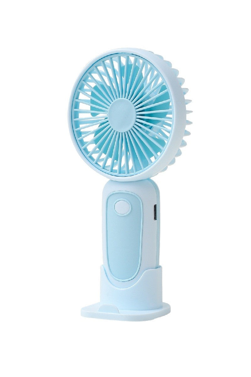 Portable rechargeable handheld fan with stand and three speed settings.