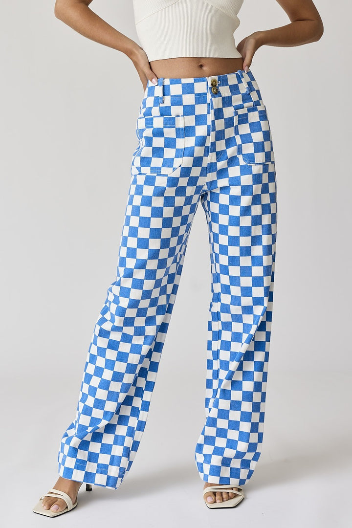 Blue Demi Checkered Jeans, high-waist with a wide-leg gingham print.