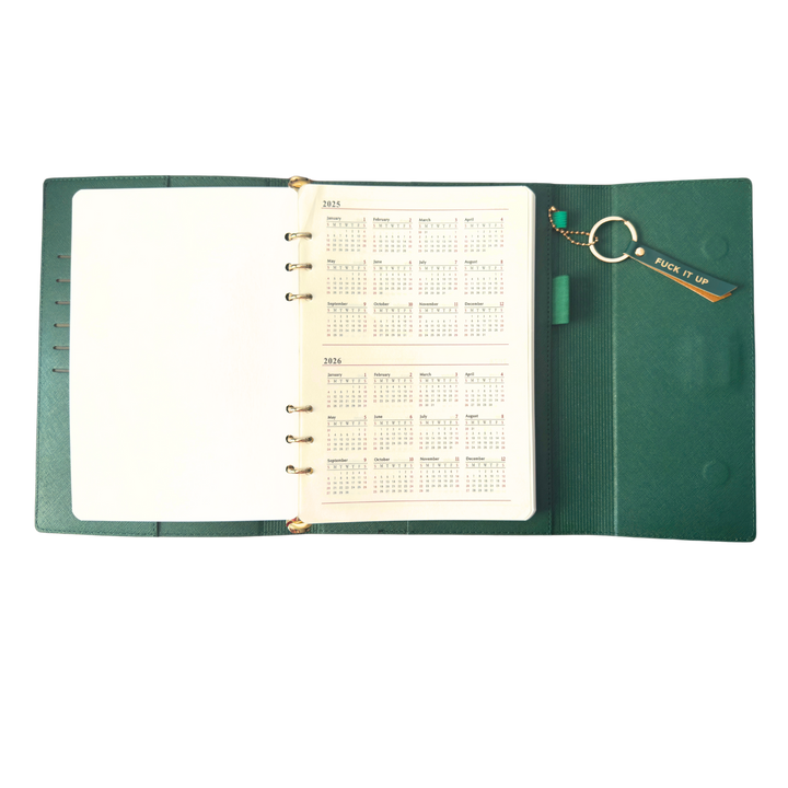 Calendar in green clutch folio journal with calender and matching pen. 'FUCK IT UP' gold foil text.