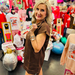 Brown textured jacquard mini dress with quarter zipper neckline, side pockets, and high-low hem.