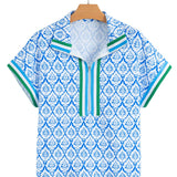 flat lay of blue and white geometric floral half zip top