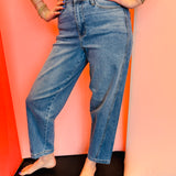 Judy Blue high-waisted Rigid Magic barrel jeans with structured front panel and stretchy back