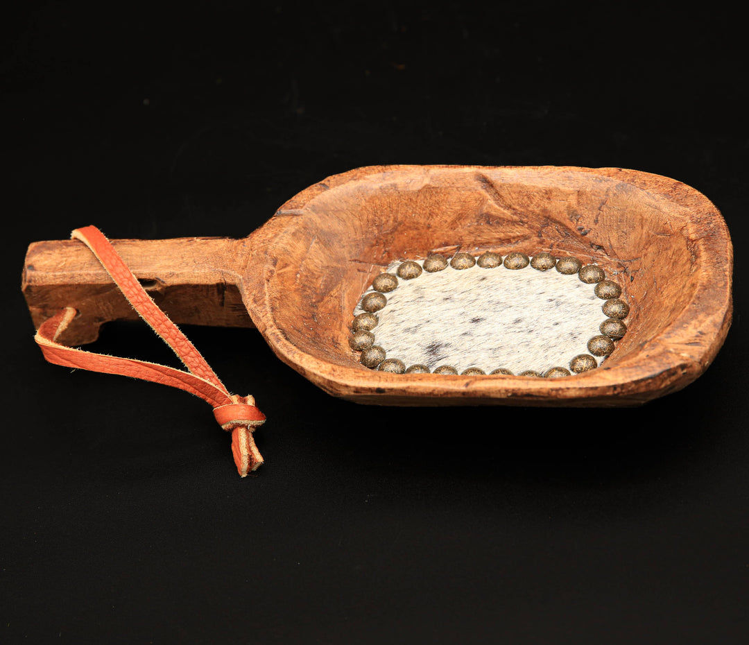 Beaded Wooden Scoop with Embossed Leather and Cowhide