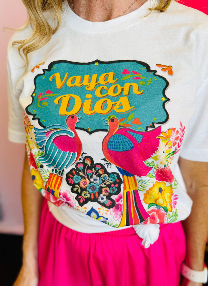 Detailed close-up of the tee’s design showing the vivid flowers and shimmering rhinestones with clear texture and shine.