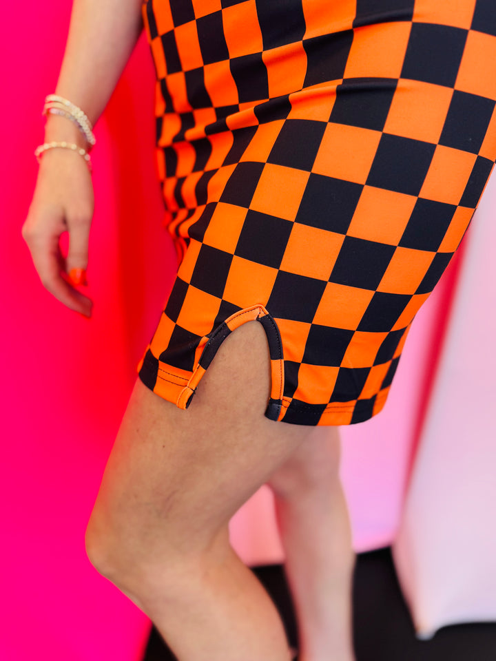 Checkerboard Orange/Black Mini Skirt