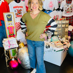 Olive v-neck pullover waffle top with leopard and striped accents