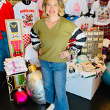 Olive v-neck pullover waffle top with leopard and striped accents