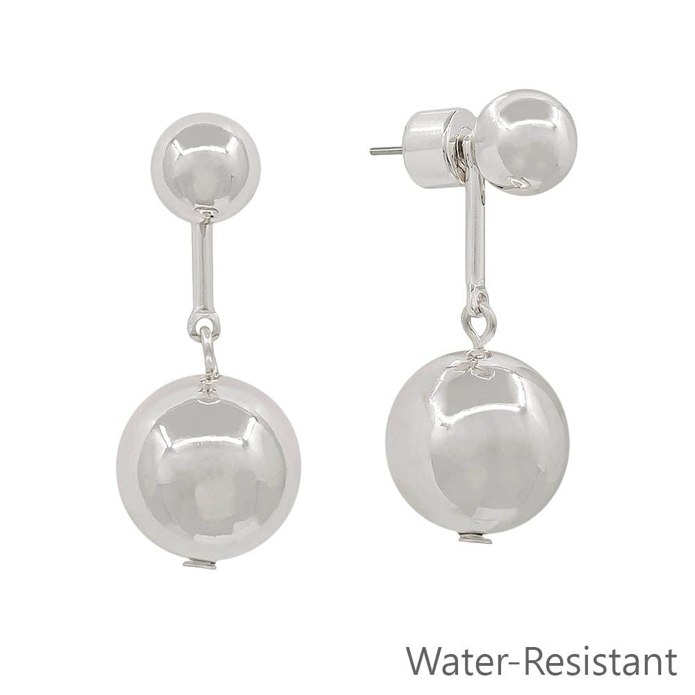 Water-resistant silver drop earrings with sleek bar and 7MM ball design.