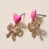 Pink Heart & Bow Rhinestone Earrings
