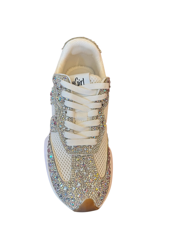 Top view of Corky's white sneakers with rhinestone embellishments