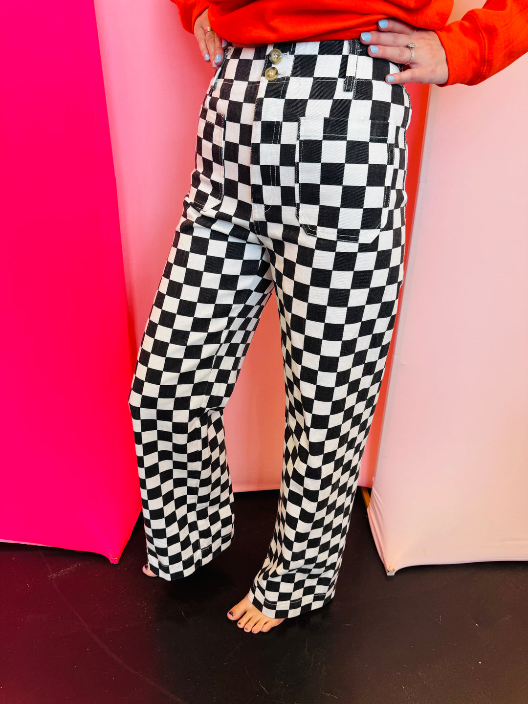 Black Demi Checkered Jeans, high-waist with a wide-leg gingham print.