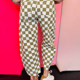 Tan/White Checkered Barrel Jeans