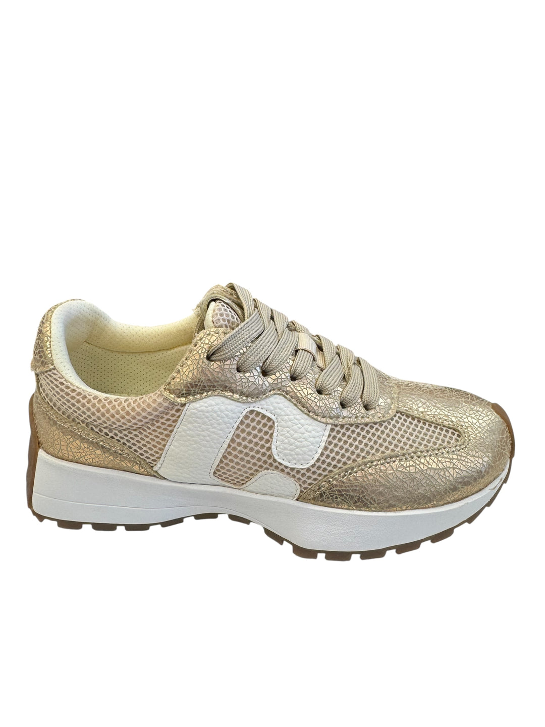 Gold cracked metallic sneakers with leather upper, lace-up front, and cushioned sole