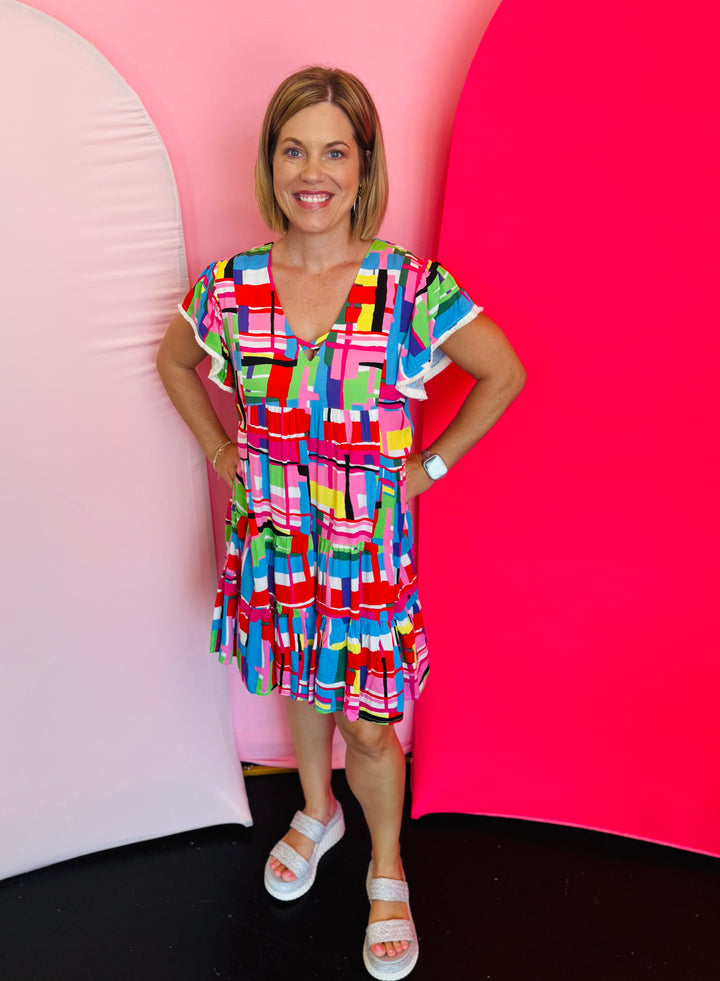 Multi Color Pattern Flutter Sleeve Dress