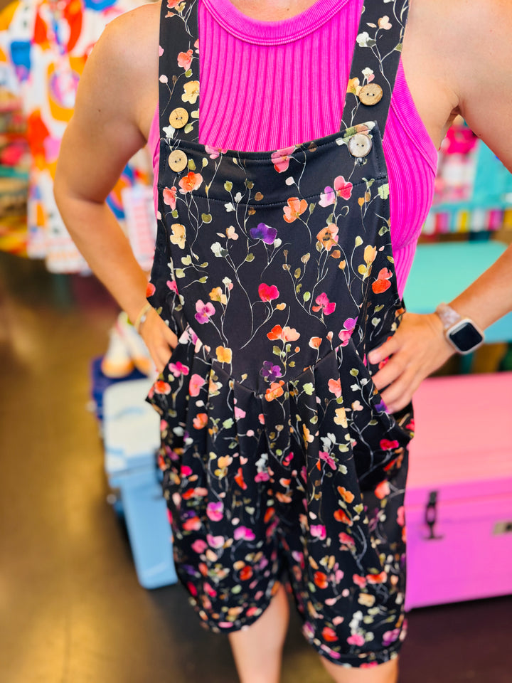 Black Happy Blooms Overall Shorts