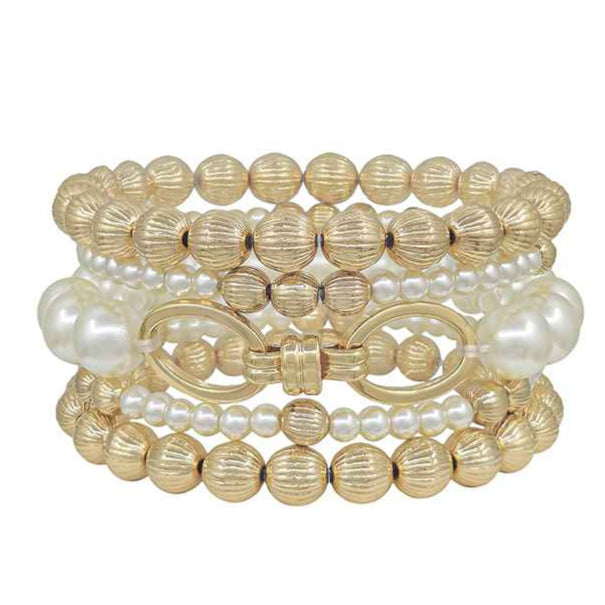 Set of 5 gold and pearl stretch bracelets — includes 2 gold textured 7mm, 2 pearl with gold accent, and 1 large pearl design, water-resistant.
