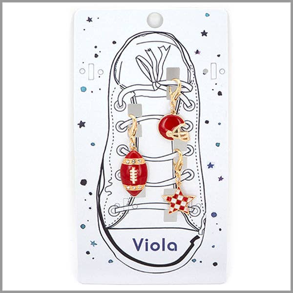 Red gameday football charm set with rhinestone football, helmet, and star designs for shoes or bags.