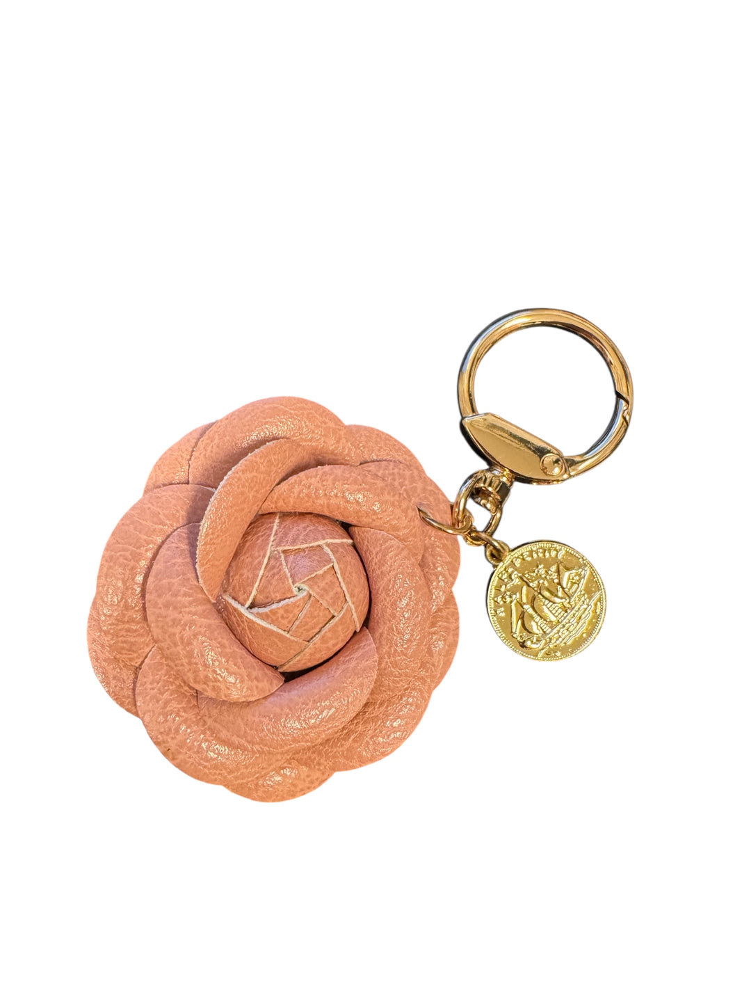 Faux leather blush pink rose acrylic oversized heart charm with gold coin accent, set in gold.