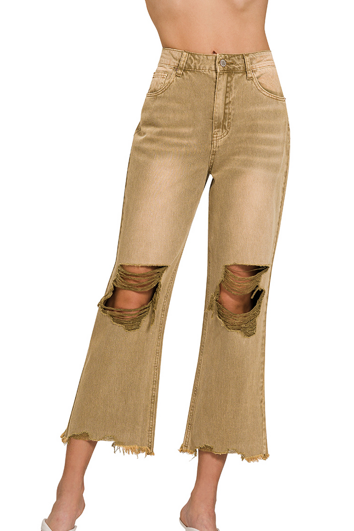Light camel cropped jeans with distressed knees and raw hem