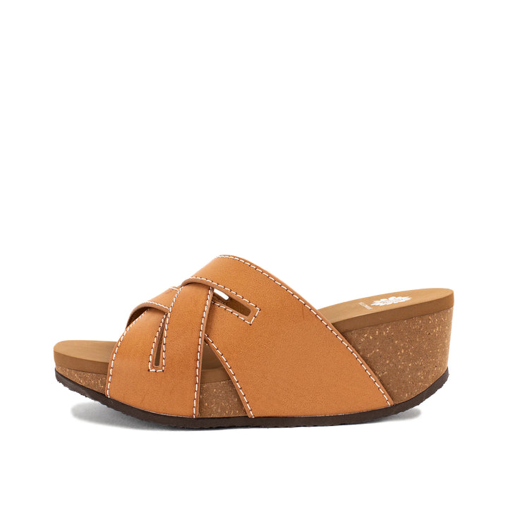 Side profile of the CLEVER sandal showcasing the 2.75-inch cork wedge heel, 1.25-inch platform, and comfortable EVA footbed.