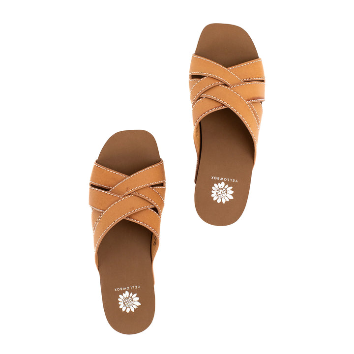 Overhead view of the CLEVER sandal displaying the woven faux leather straps, square toe shape, and cushioned insole.