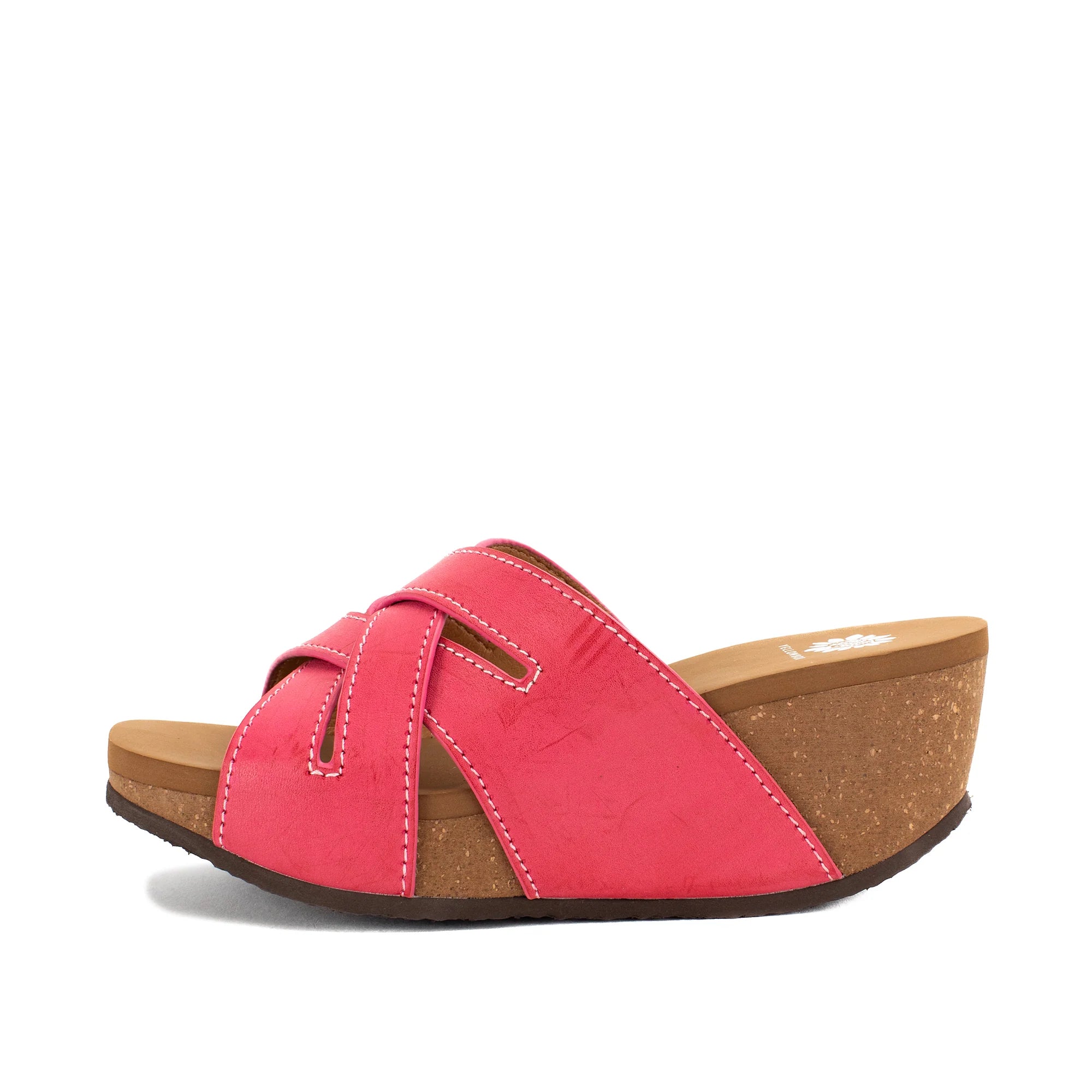 Cork wedge sandal with square toe, 2.75-inch heel, 1.25-inch platform, and EVA footbed.