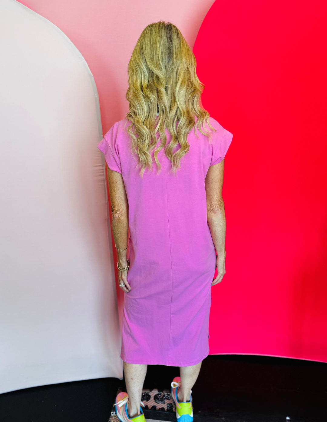 Candy Pink Short Sleeve Midi Dress