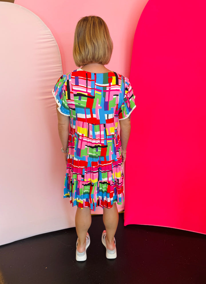 Multi Color Pattern Flutter Sleeve Dress
