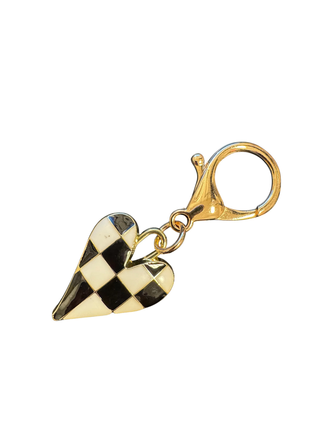 Black and white checkered acrylic oversized heart charm with gold accent for scarf necklaces or trendy jewelry.