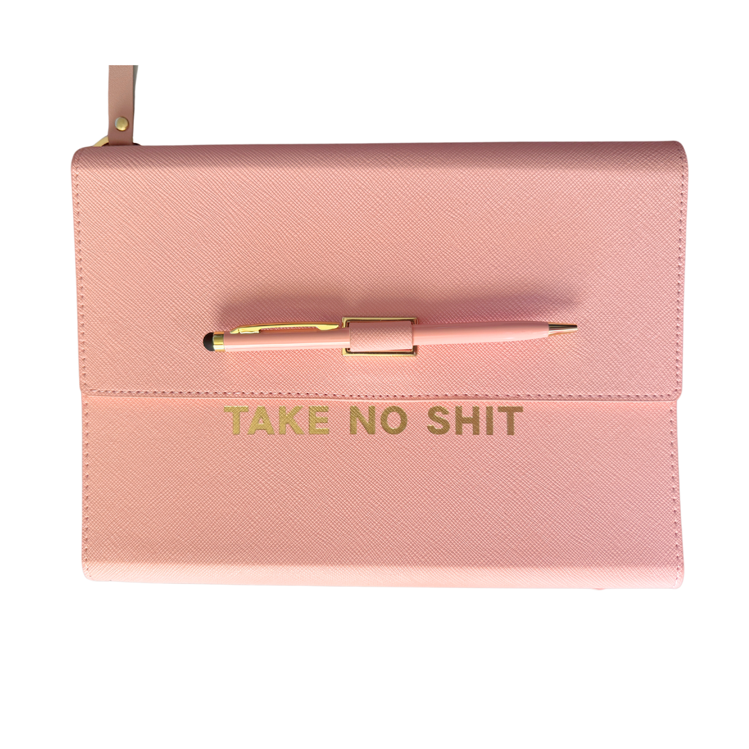 Pink magnetic closure journal folio and calendar with gold graphics.