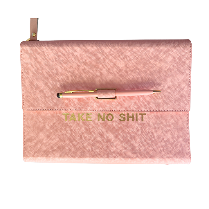 Pink magnetic closure journal folio and calendar with gold graphics.