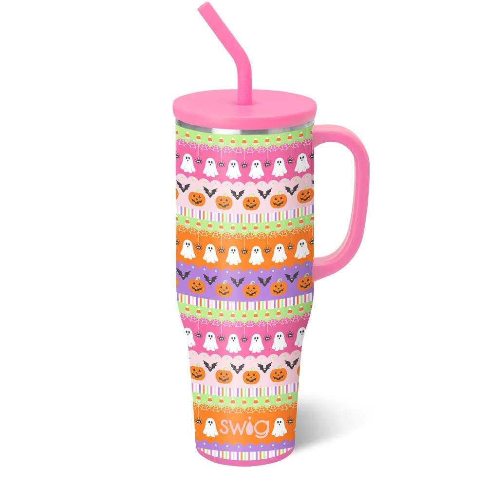 Swig Trick or Treat Mega Mug 40oz with jack-o’-lanterns, ghosts, spiders, bats, and candy corn, comfort-grip handle, XL straw lid, and silicone flexi-tip straw.