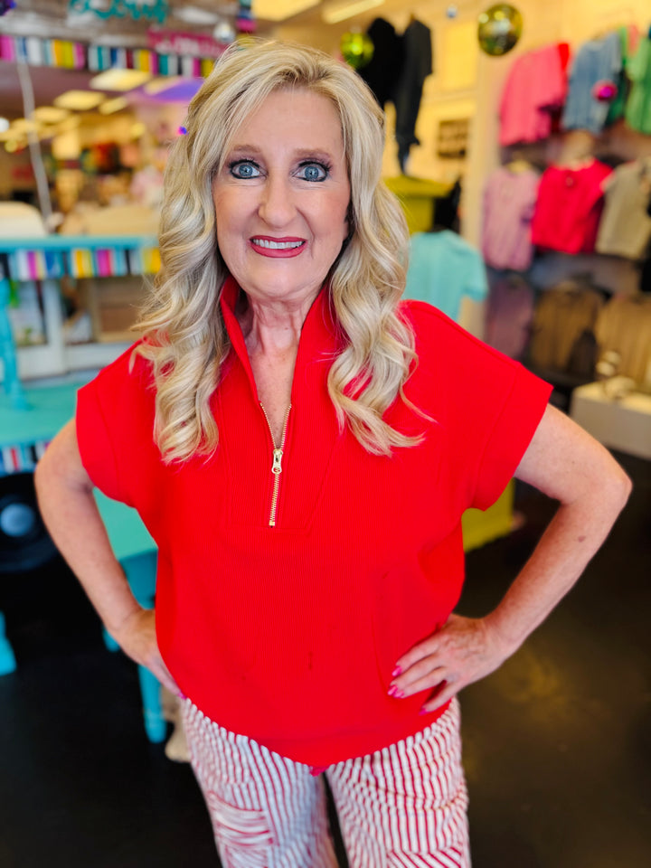 Red Ribbed Half Zip Top