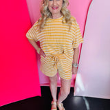 Mustard striped ribbed lounge set with relaxed top and elastic-waist shorts for everyday comfort.