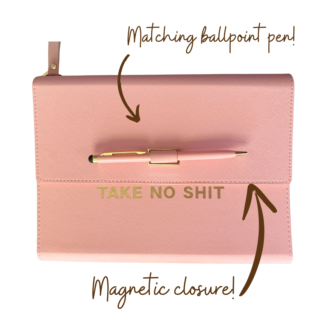 Pink magnetic closure journal folio and calendar with gold graphics.
