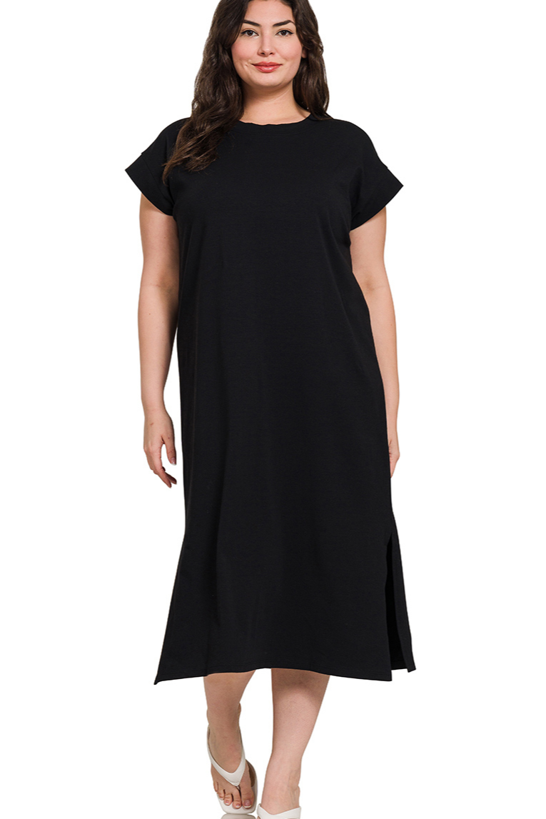 Black Short Sleeve Midi Dress