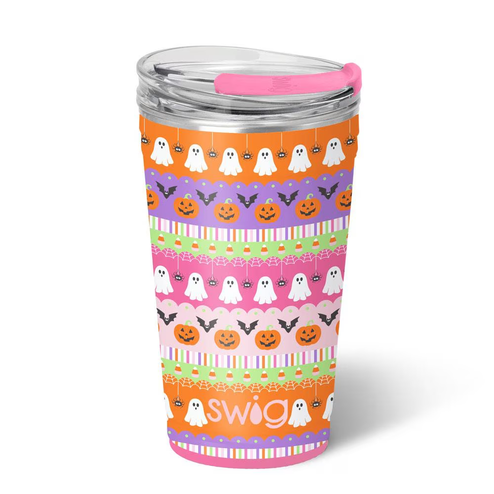 Swig Trick or Treat Party Cup 24oz with whimsical jack-o’-lanterns, ghosts, spiders, bats, and candy corn, XL EZ Slider Lid.