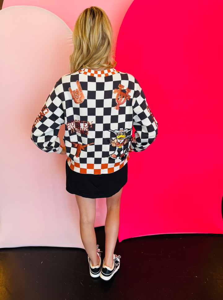Back side of Queen Of Sparkles checkered University Of Texas  game day sequin cardigan.