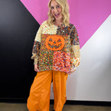Queen Of Sparkles Colorblock Floral Print Gingham Pumpkin Sweatshirt