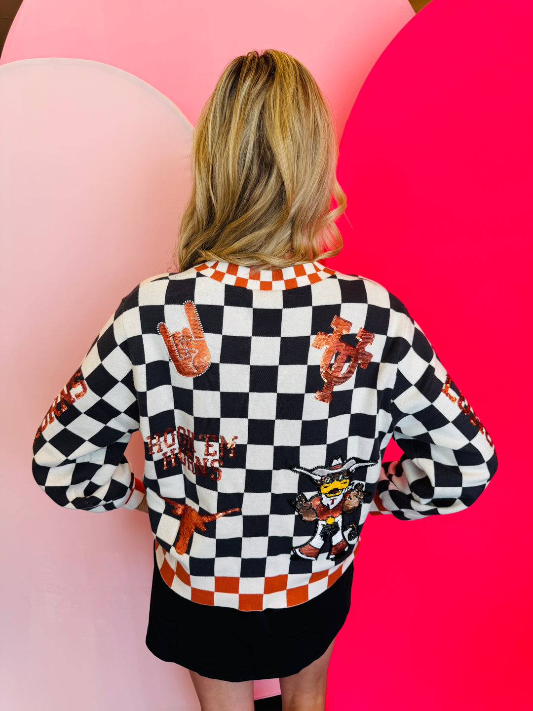 Back side Queen Of Sparkles checkered University Of Texas  game day sequin cardigan.