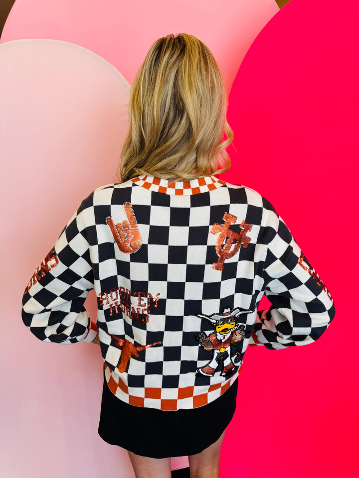 Back side Queen Of Sparkles checkered University Of Texas  game day sequin cardigan.