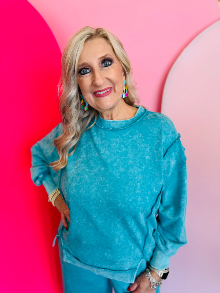 Lt Teal Acid Wash Fleece Sweatshirt