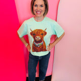 Jewel Collared Highland Cow Tee (Mint)