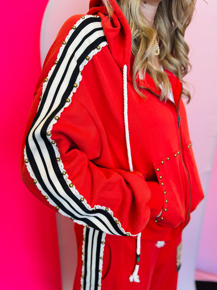 Red Studded Zipper Hoodie Sweatshirt
