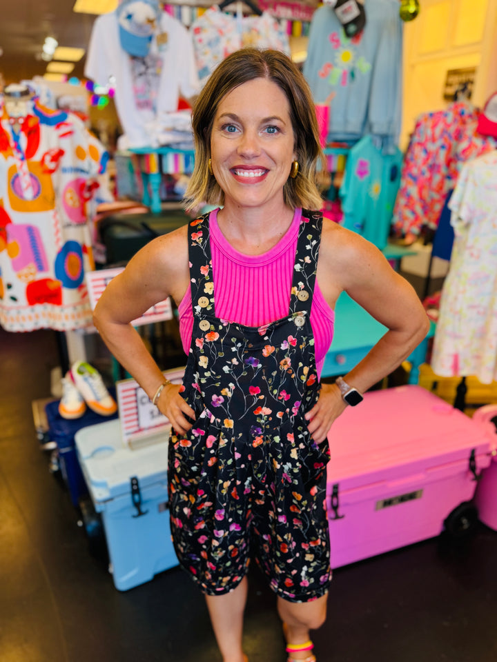 Black Happy Blooms Overall Shorts
