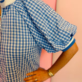 Blue Gingham Puff Sleeve Top